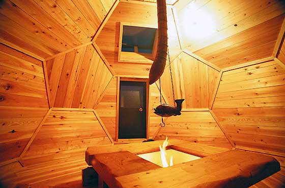 Surrounding a fireplace